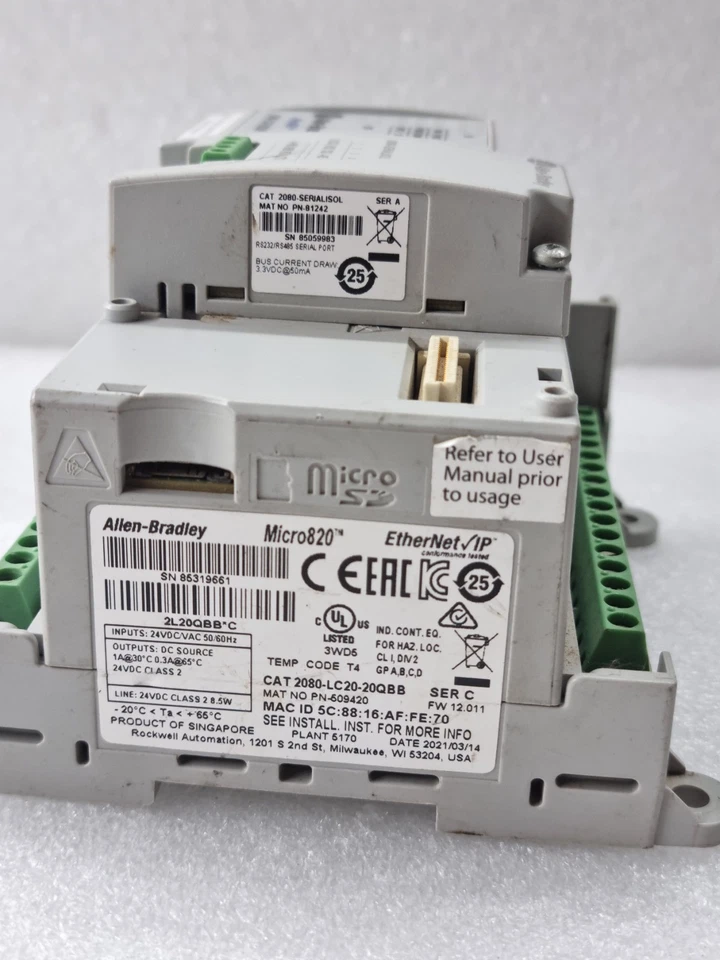 Used Working ALLEN BRADLEY 2080-LC20-20QBB + 2080-SERIALISOL Micro820 EtherNetIP